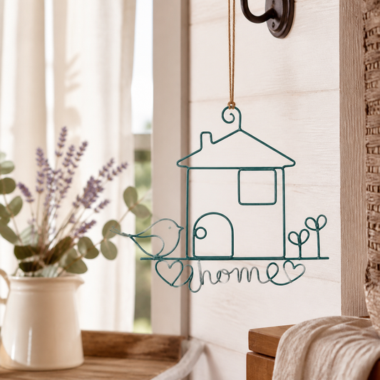 Dekorative Haus Hänger "Home" aus Zinkmetall in Teal, 22,5 cm, von Wohnen auf dem Land, für wohnliche Akzente.