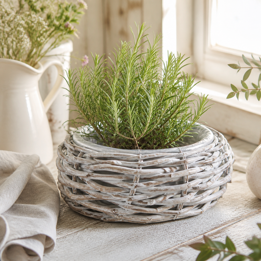 Kleiner weißer Pflanzkorb "Willow" aus Holz und Rattan, 22 cm, für Dekoration und Pflanzen, von Wohnen auf dem Land