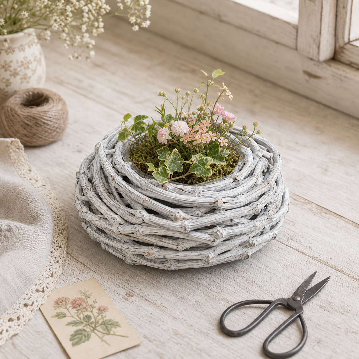 Kleiner weißer Pflanzkorb "Willow" aus Holz und Rattan, ideal für Dekoration, mit 22cm Durchmesser, von Wohnen auf dem Land