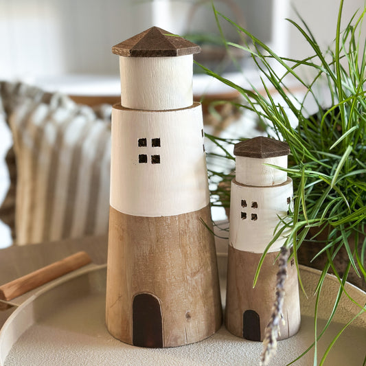 Große weiße Leuchtturm-Holz-Dekofigur, 30cm hoch, von Wohnen auf dem Land, natürliche Holzoptik, dekoratives Heimaccessoire