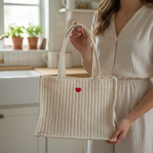Gestepptes Tote Bag "Herz" mit Reißverschluss von Wohnen auf dem Land, 40 cm, stilvolle Tasche aus Stoff in Herzdesign