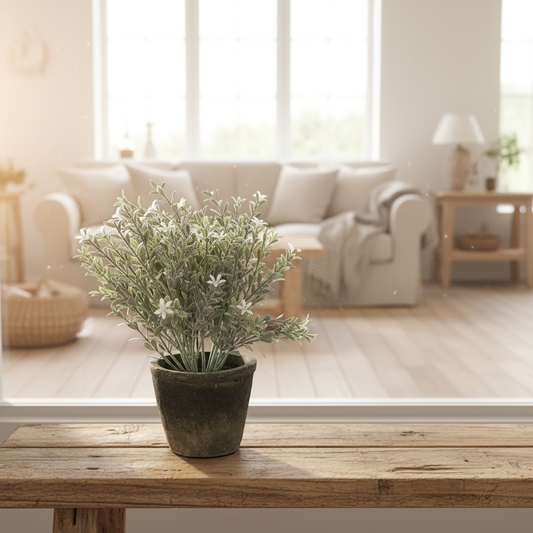 Künstliche Seidenflieder im Zementtopf, 26 cm, dekorative Kunstpflanze von Wohnen auf dem Land, realistische, grüne Blätter