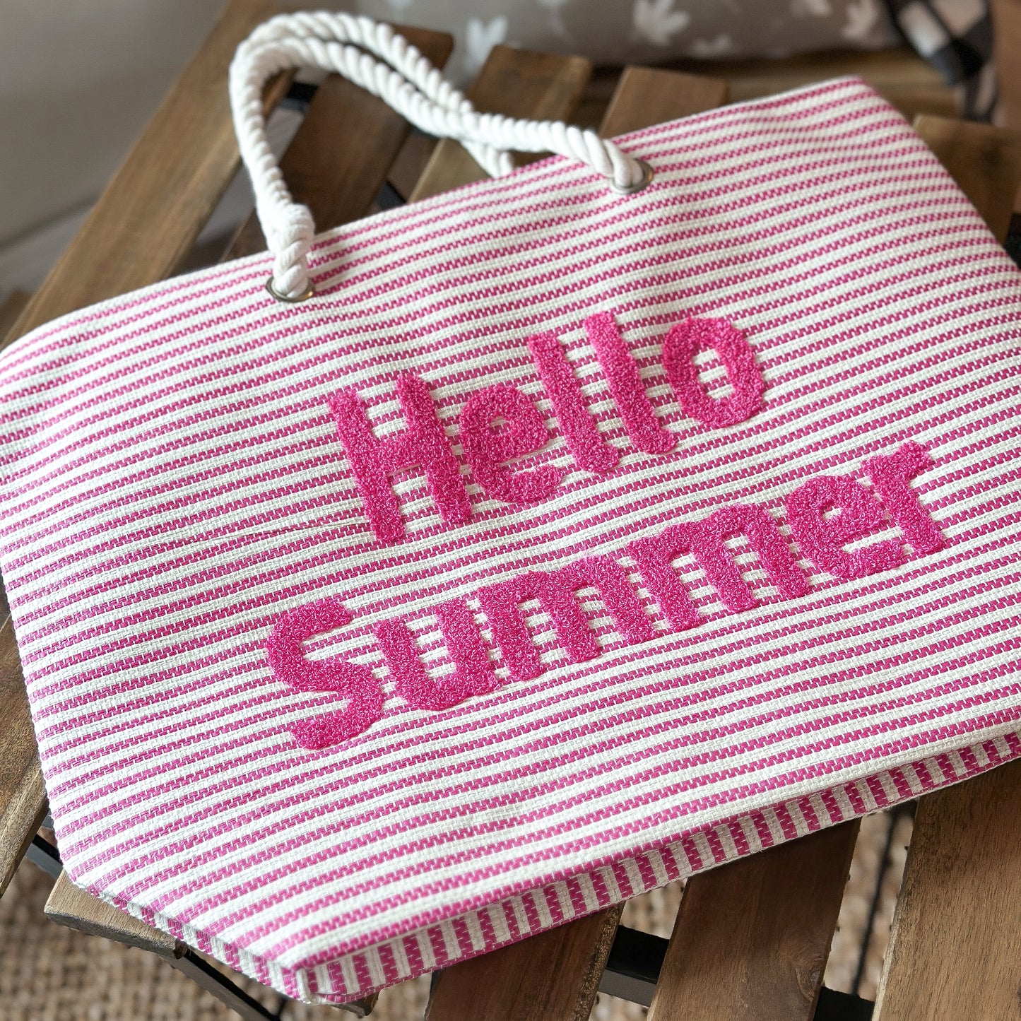 Tasche Shopper "Hello Summer" Pink Weiß 48cm - Wohnen auf dem Land