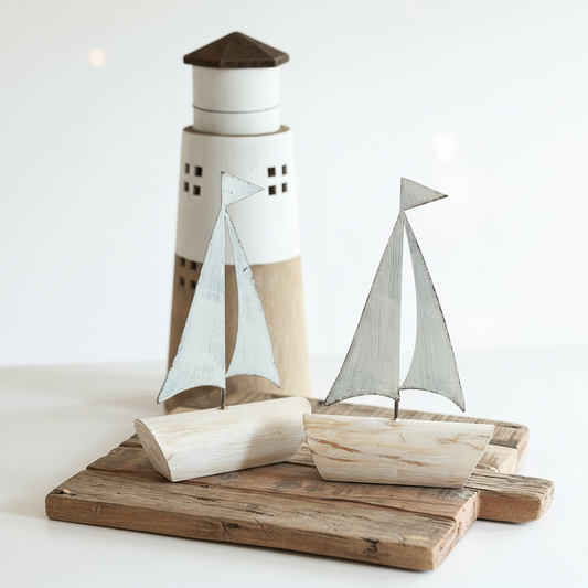 Holzige Segelboot-Dekofigur "Ahoi" in Creme, 20 cm, von Wohnen auf dem Land, maritime Dekoration für Zuhause
