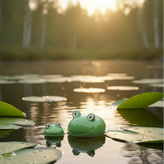 Zwei grüne Porzellan-Schwimmfrösche "Quak" als Dekofiguren von Wohnen auf dem Land, detailreiche Gartendeko.