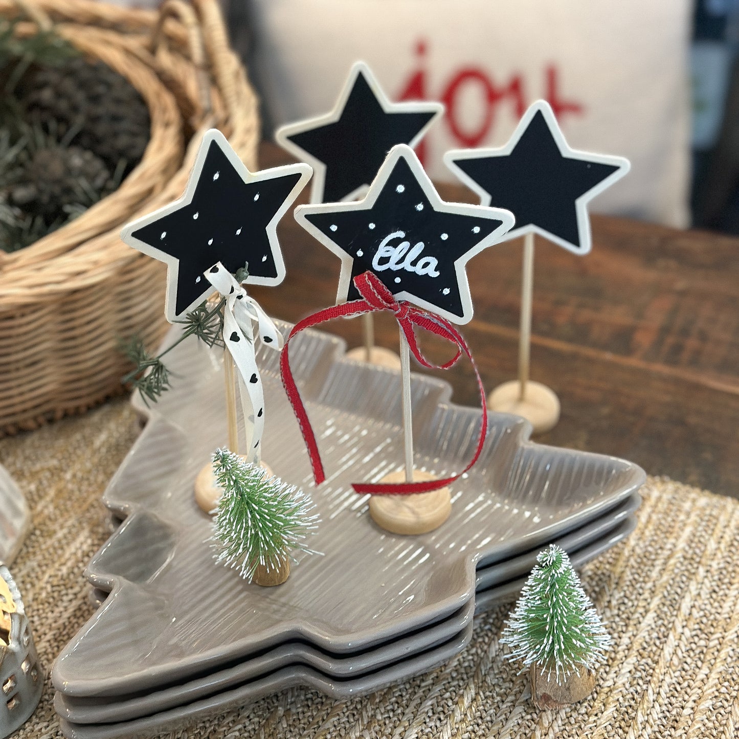 Aufsteller Namensschild zum Beschriften "Table Stars" Stern Holz Natur 4er Set