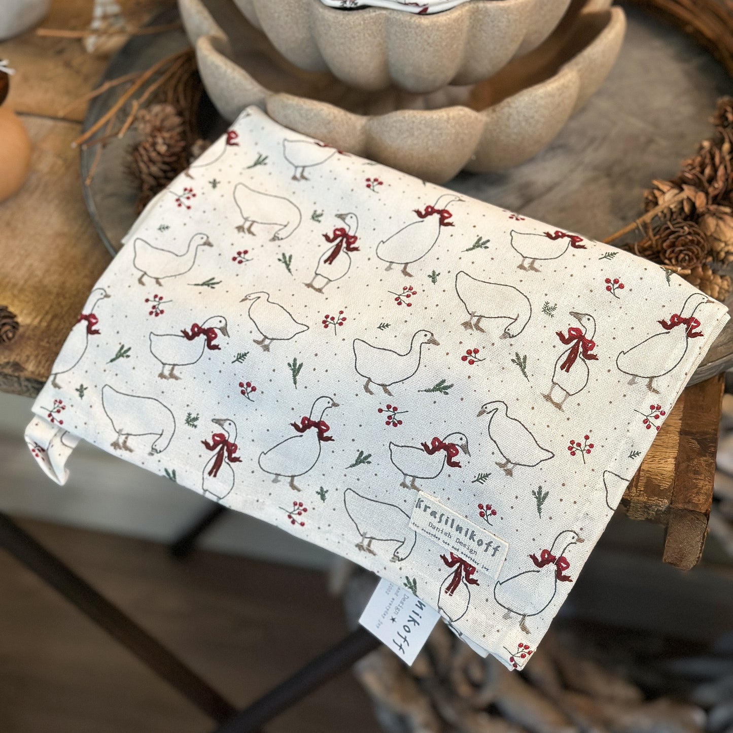 Geschirrtuch "Weihnachtsgans" Gans Dekor Weiß Grün