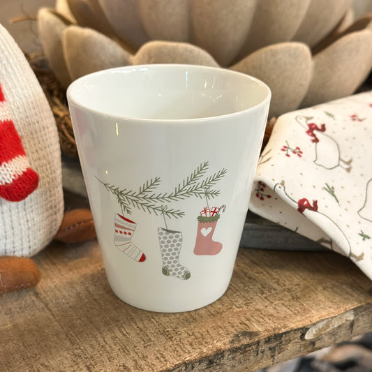 Becher Tasse Happy Mug "Christmas Stockings" Keramik Weiß