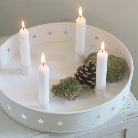 Kerzenhalter Schale für Stabkerzen "Sterne" Metall Rund Weiß 30cm - Wohnen auf dem Land
