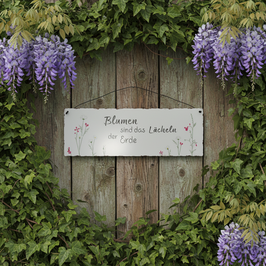Schild Aufhänger "Blumen Lächeln" Metall Vintage Weiß Rot