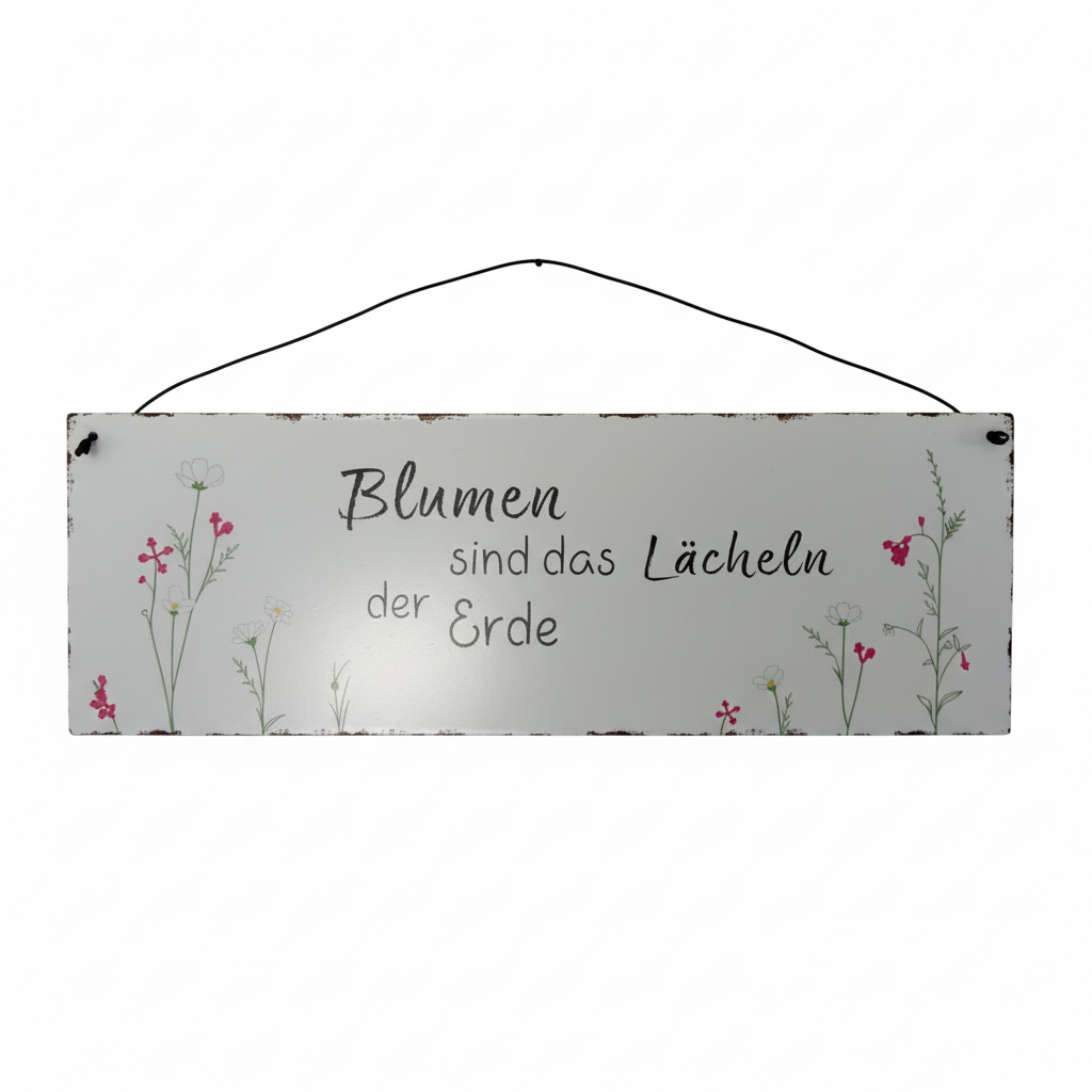 Schild Aufhänger "Blumen Lächeln" Metall Vintage Weiß Rot