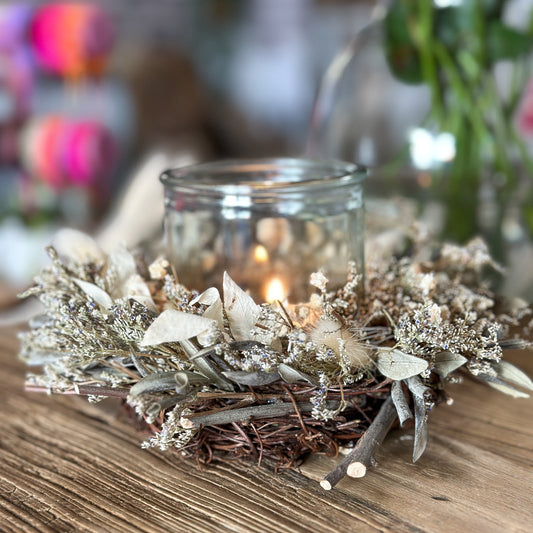 Windlicht Kranz "Romantic" Trockenblumen Glas 20cm - Wohnen auf dem Land