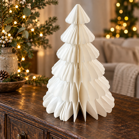 Großer weißer Papierbaum auf einer weihnachtlich dekorierten Holzkommode