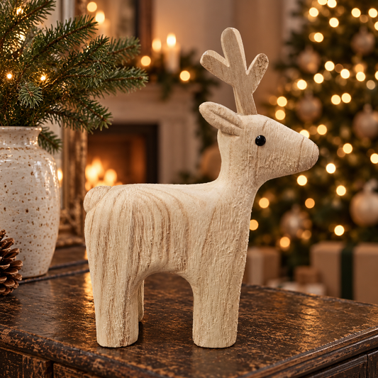Großes Holzrentier Sago auf einer Kommode mit Weihnachtslichtern