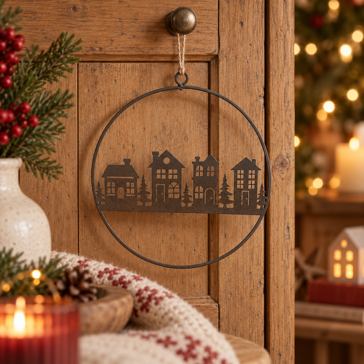 Rostbrauner Dekoring Vinterby mit vier Häusern in einer warm beleuchteten Weihnachtsdekoration