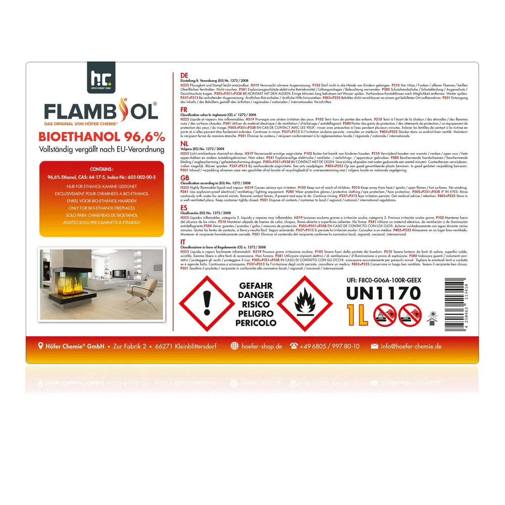 FLAMBIOL Bioethanol 96,6% Premium Etikett und Sicherheitshinweise