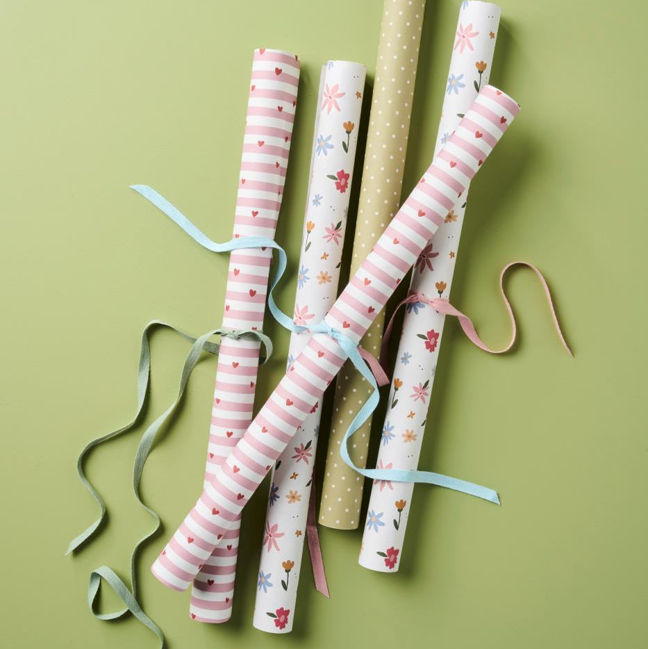 Papierrolle Geschenkpapier "Rote Herzen - Rosa Streifen" 5 m/Rolle - Wohnen auf dem Land