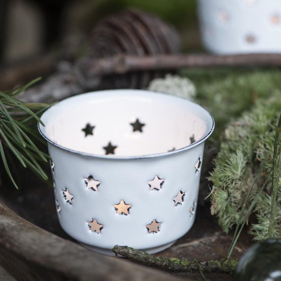 Teelichthalter Schale „Nordic Star“ Emaille Weiß - Wohnen auf dem Land