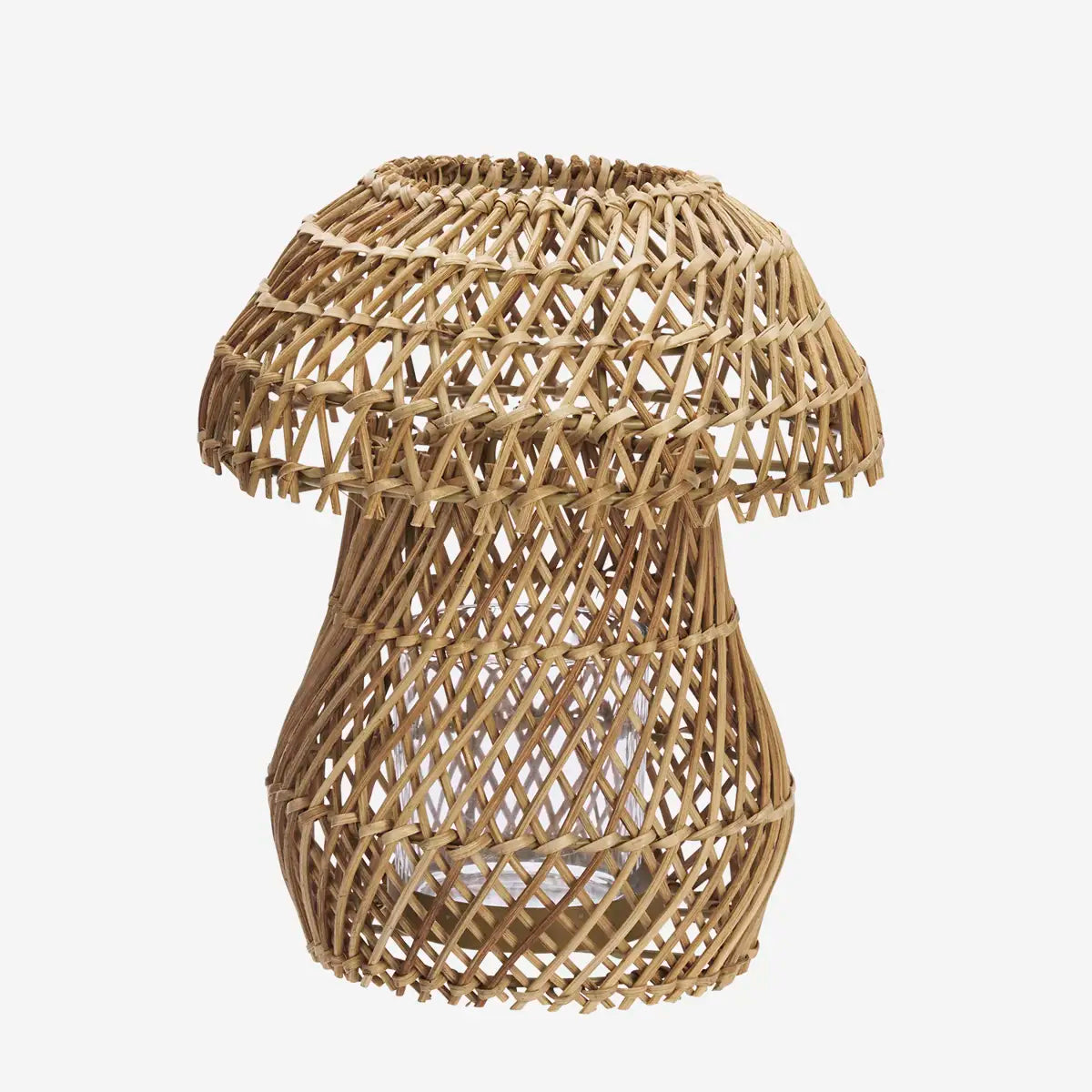 Windlicht Kerzenhalter Laterne „Tindra“ in Pilzform aus Rattan, naturfarben, 25cm, von Madam Stoltz für stimmungsvolle Beleuchtung.