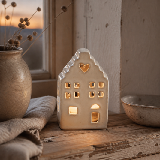 Haus Teelichthalter Mila Porzellan Beige im gemütlichen Landhaus Ambiente