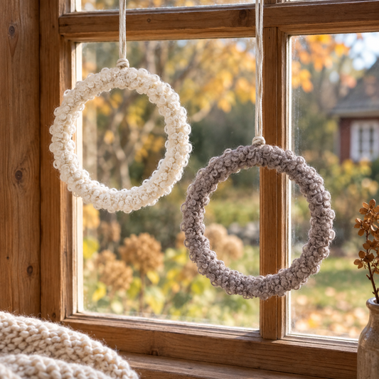 Fenna-Fellringe in Creme und Braun als schlichte Fensterdekoration