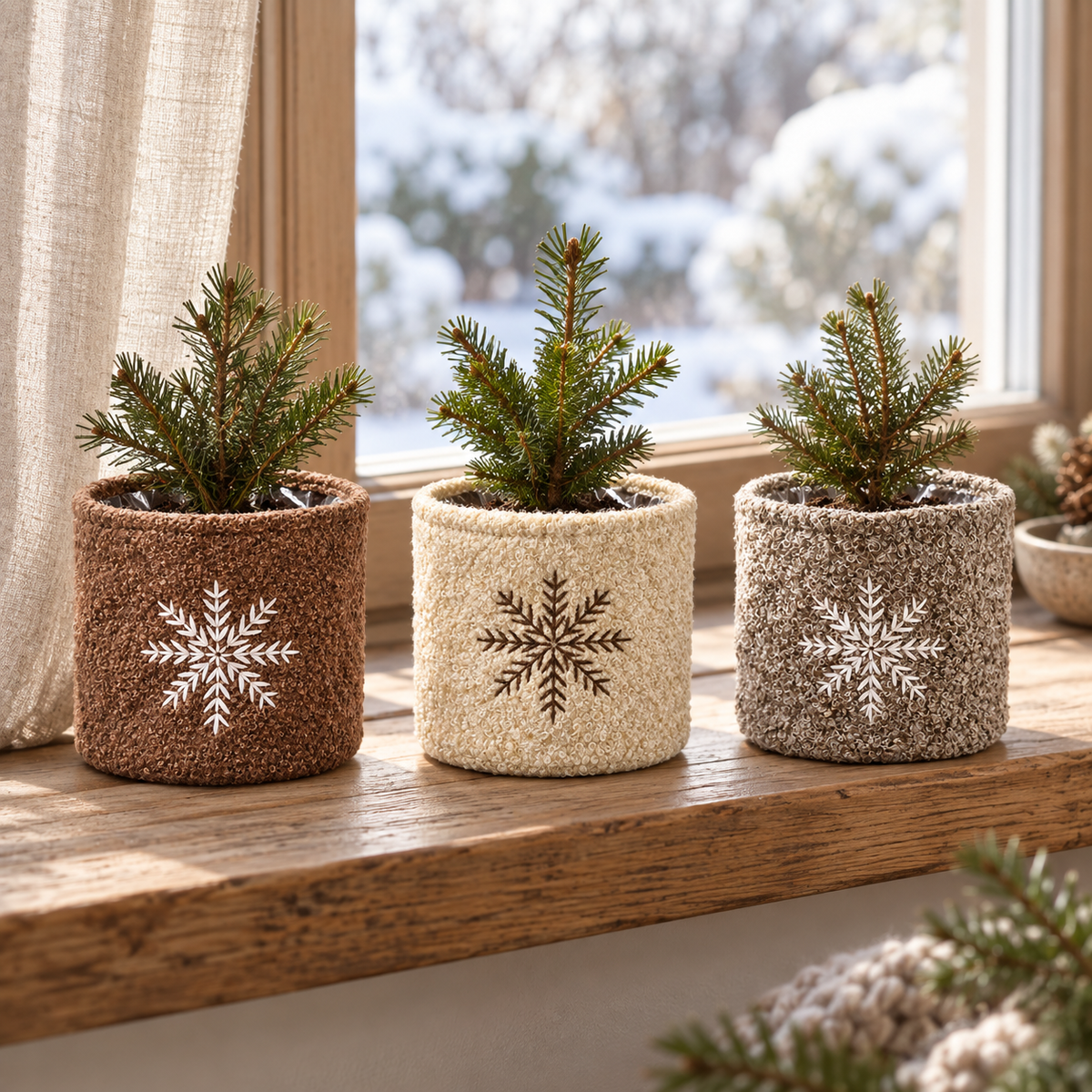 Schneeflöckchen-Übertöpfe in drei Farben mit winterlichem Grün am Fenster