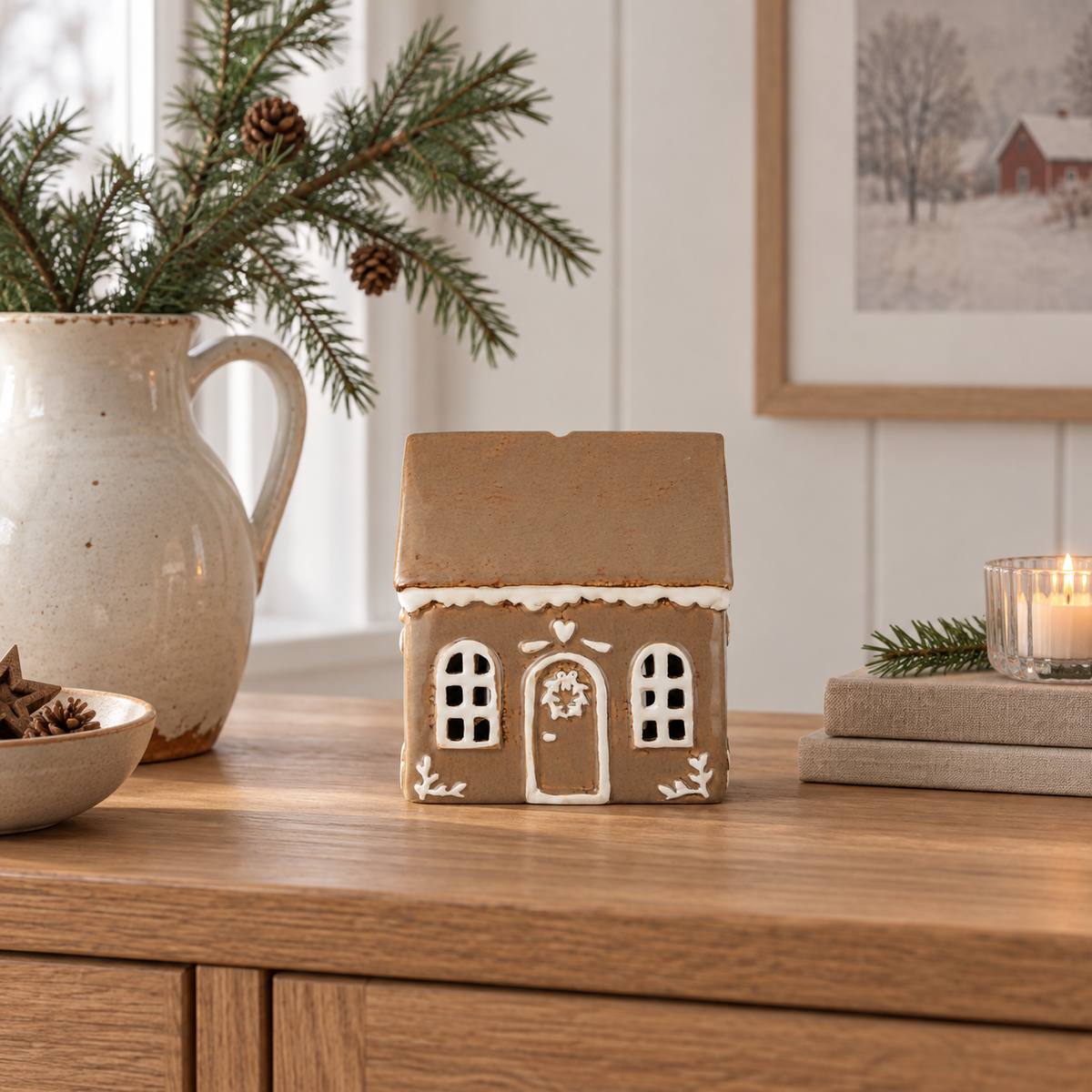 Teelichthaus „Gingerbread“ Türkranz Steingut 14cm – Ambienteansicht im Raum