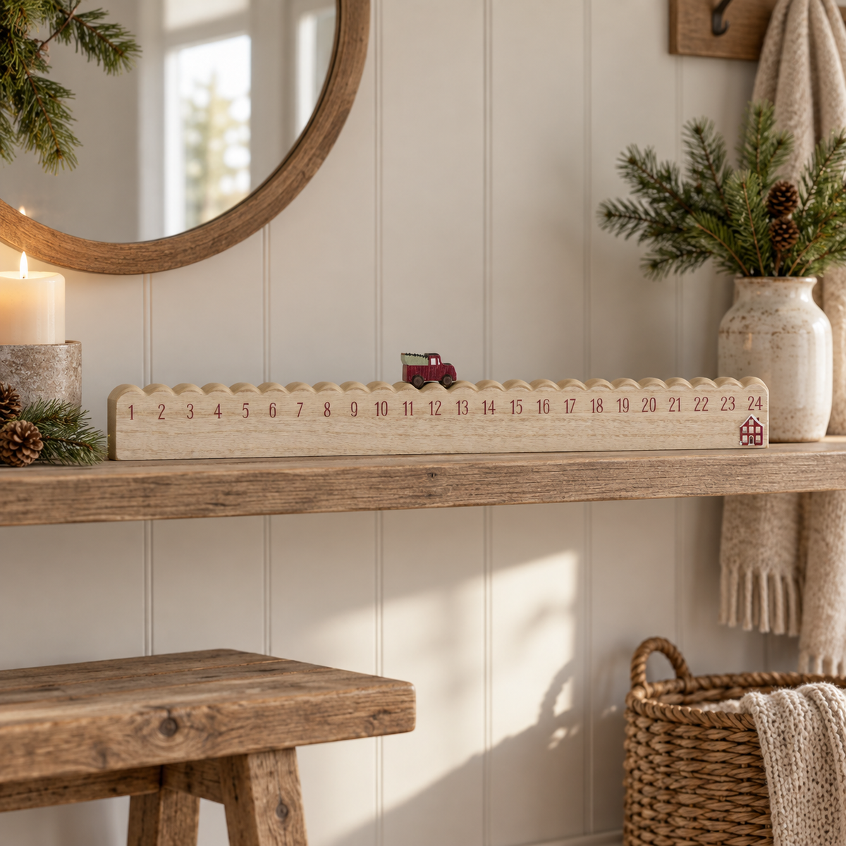 Adventskalender „Weihnachtsfahrt“ MDF 1–24 50cm – 2 Varianten – Ambienteansicht im Raum