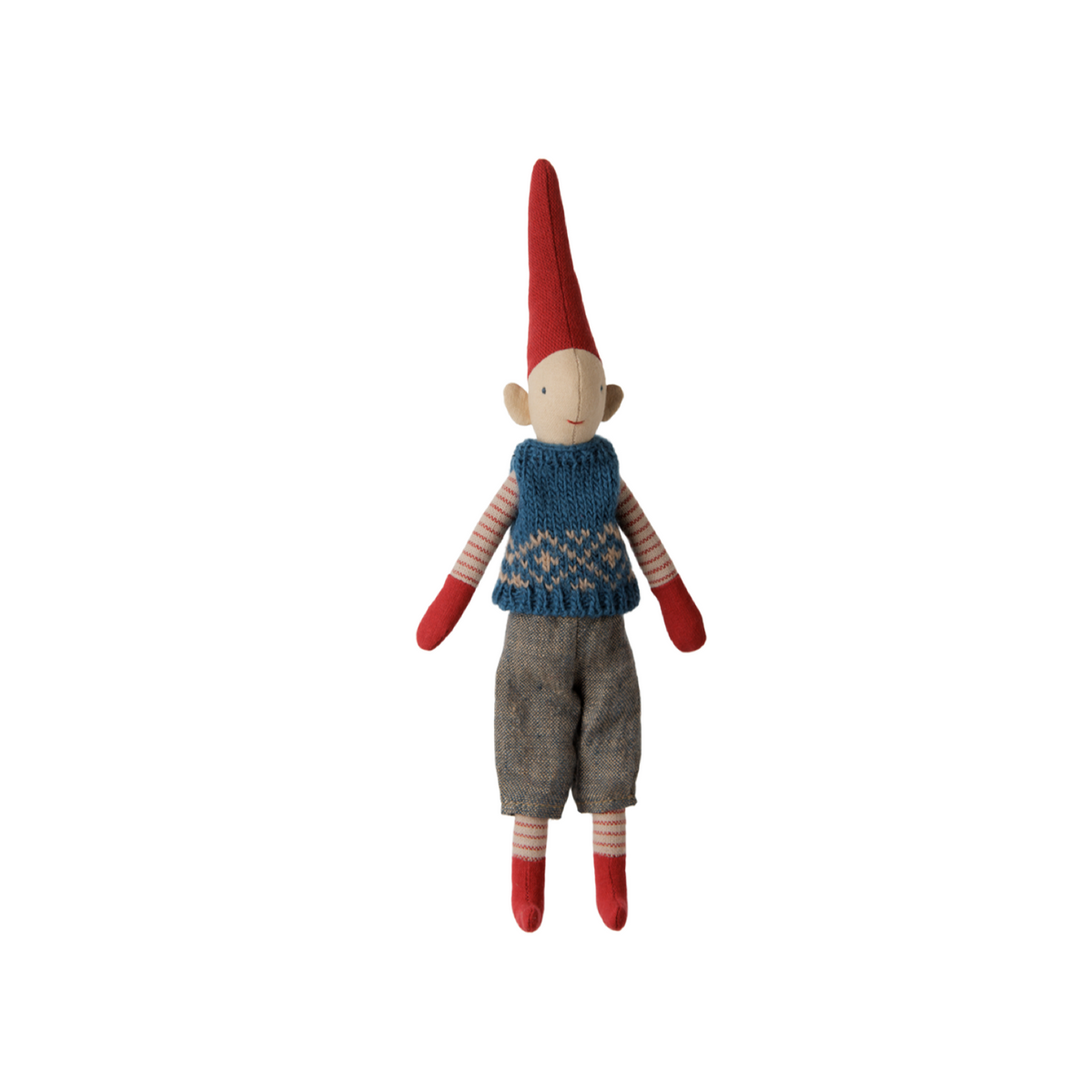 Maileg Wichtel Pixy Junge Größe 1 Strickweste Blau – 26 cm – Freisteller