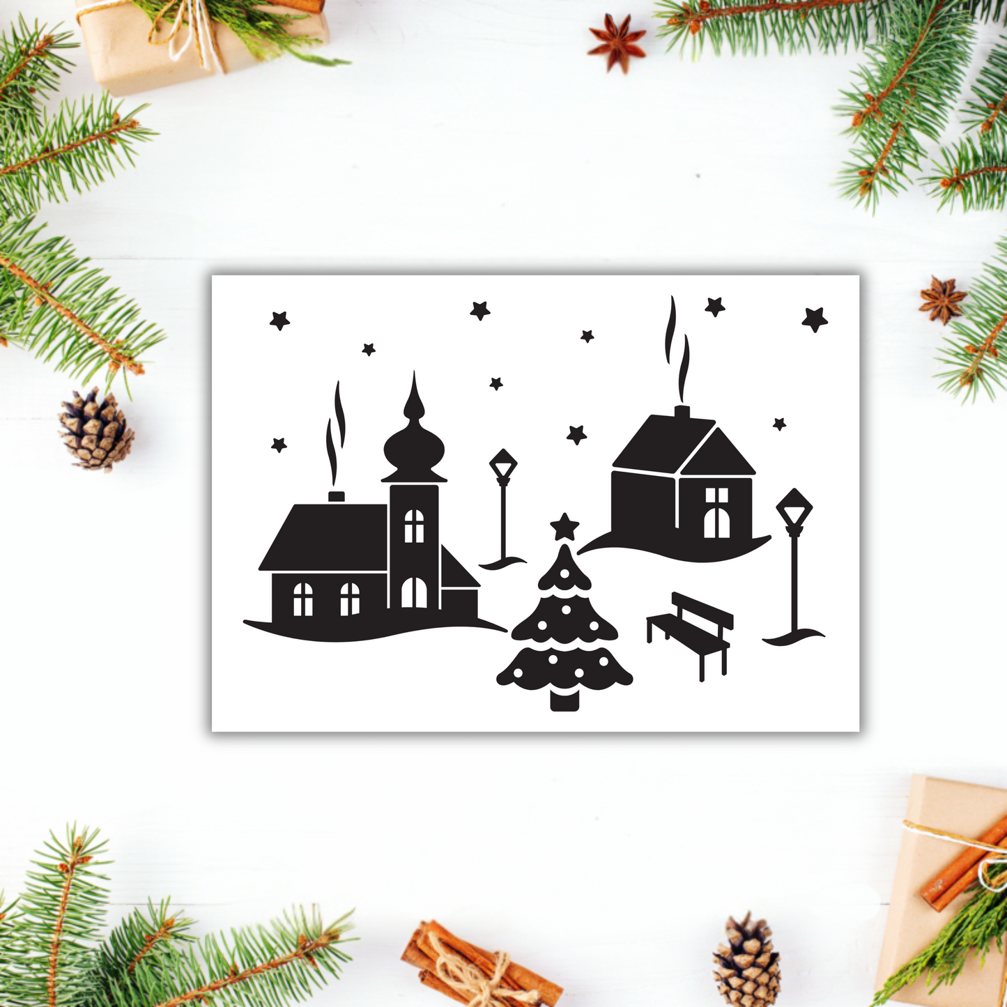Schwarz-weißer Weihnachtsdorf-Aufkleber von Wohnen auf dem Land, detailreiche winterliche Landschaft als Dekor.