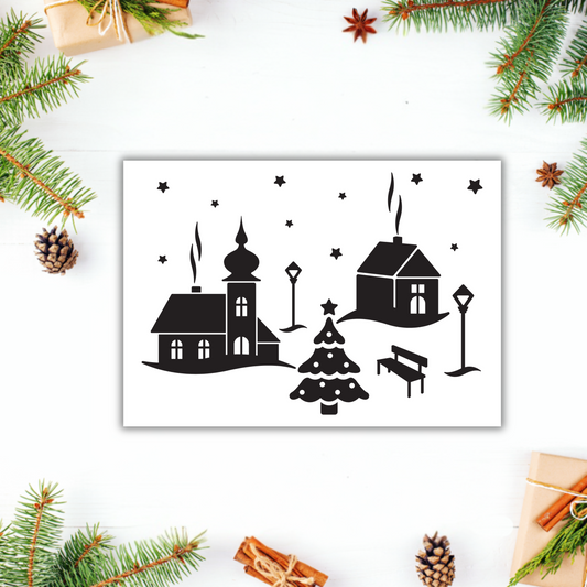 Schwarz-weißer Weihnachtsdorf-Aufkleber von Wohnen auf dem Land, detailreiche winterliche Landschaft als Dekor.