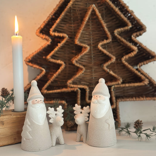 Deko Figur Weihnachtsmann "Santa & Rentier" Raustein glasiert beige 14cm 2 Varianten - Wohnen auf dem Land