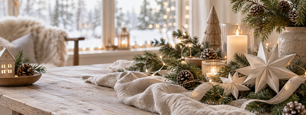 Natürliche Weihnachtsdekoration mit Papiersternen, Tannengrün und warmen Lichtern vor einem winterlichen Fenster