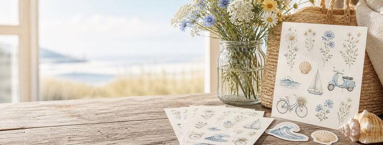 Sommerliche Aufkleber mit Blumen, Meer, Fahrrad und Roller
