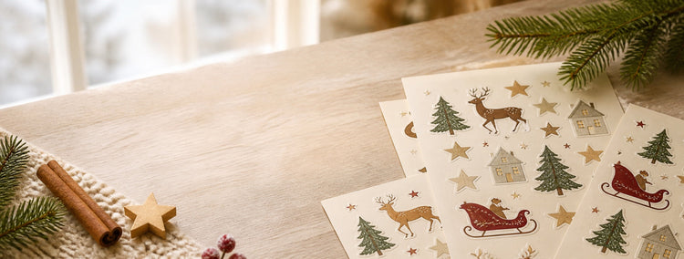 Weihnachtliche Aufkleber mit Hirsch, Sternen, Tannen und Schlitten