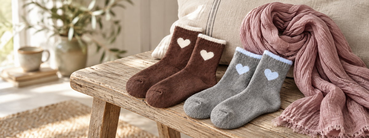 Braune und graumelierte Herzsocken mit einem roséfarbenen Schal auf einer Holzbank im gemütlichen Landhausambiente