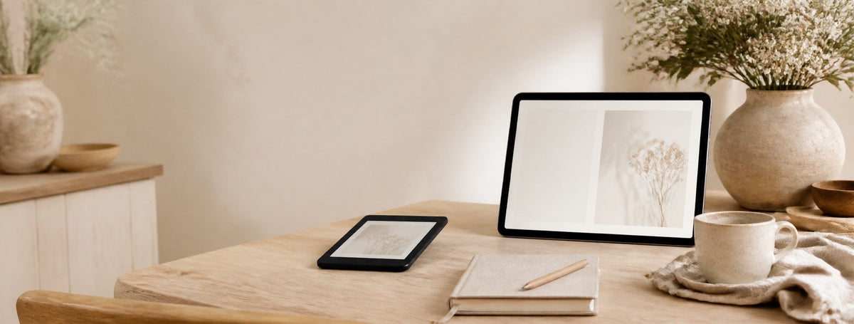 Heller Schreibtisch mit Tablet, E-Reader und Notizbuch