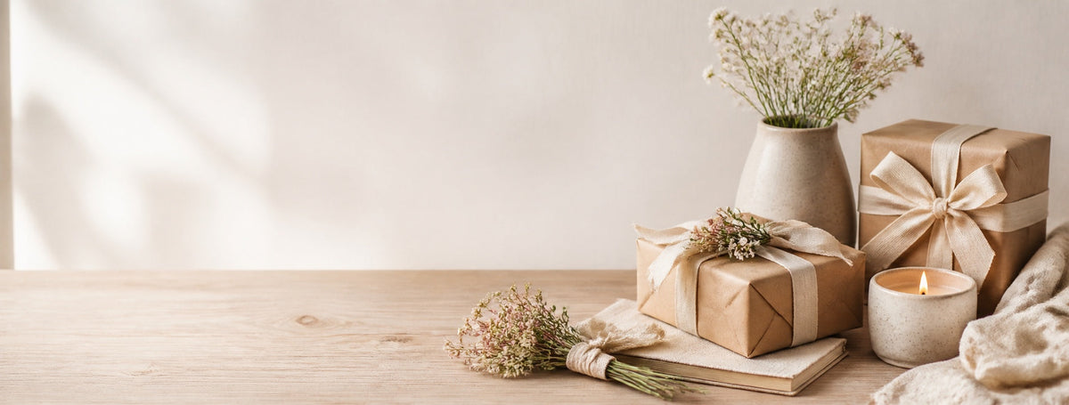 Romantisch verpackte Geschenke mit Blumen und Kerze