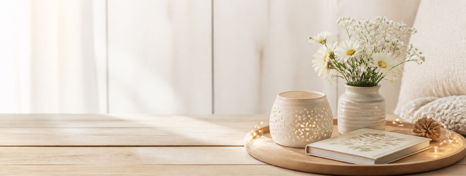 Kuratierte Geschenkideen mit Vase, Licht, Buch und Tablett