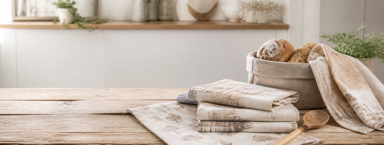 Gefaltete Geschirrtücher und Brotkorb in Beige und Grau
