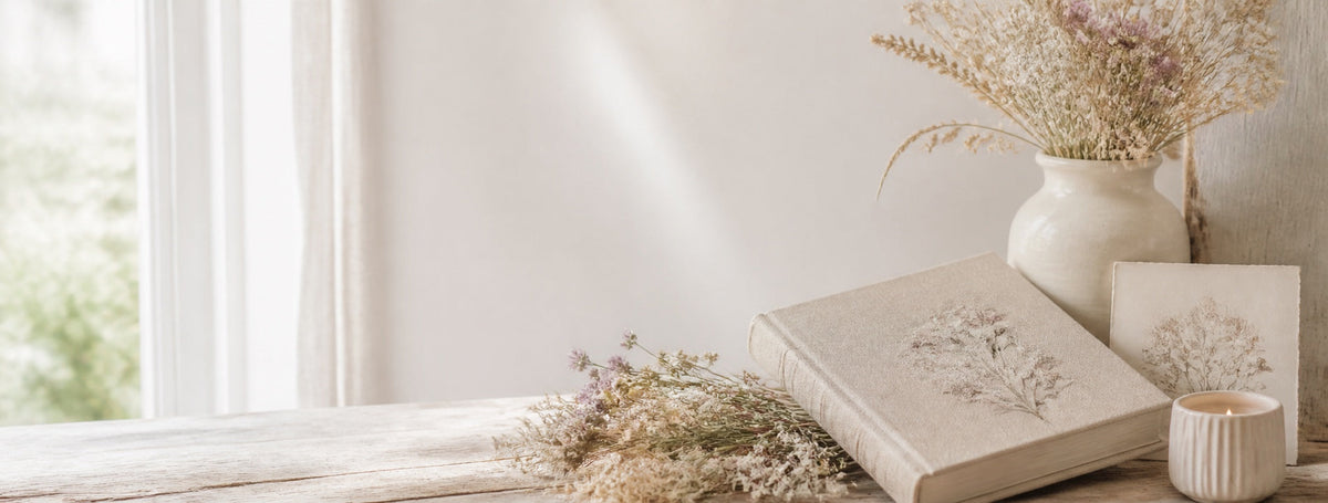 Romantische Szene mit Leinenbuch, Trockenblumen, Karte und Kerze
