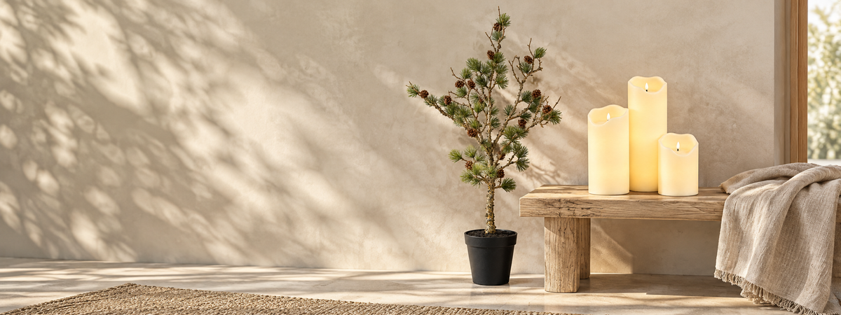 Wochenend-Lieblingsstücke: cremefarbene LED-Kerzen und eine Zeder auf einer Holzbank im gemütlichen Landhausstil