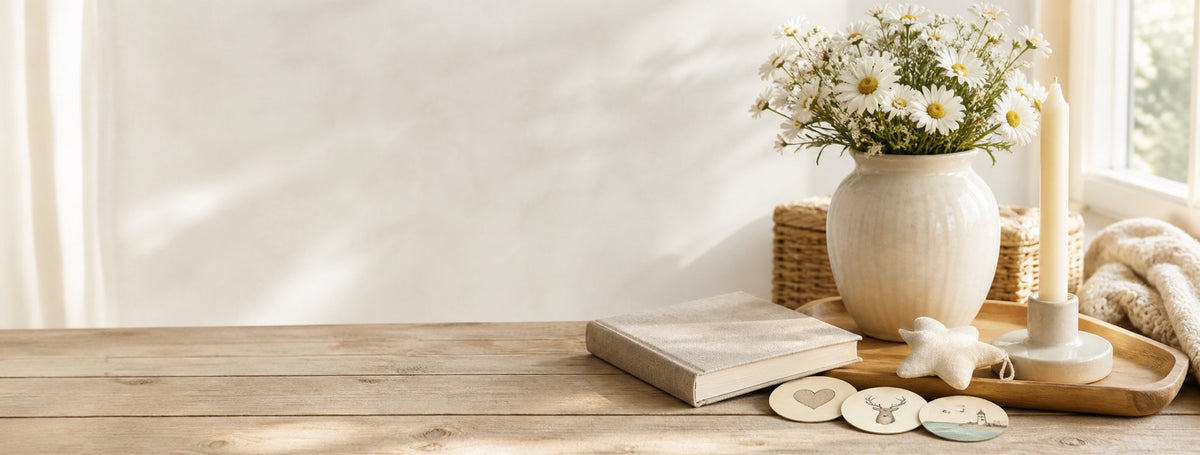 Wohnen-auf-dem-Land-Szene mit Vase, Buch, Kerze, Tablett und Aufklebern