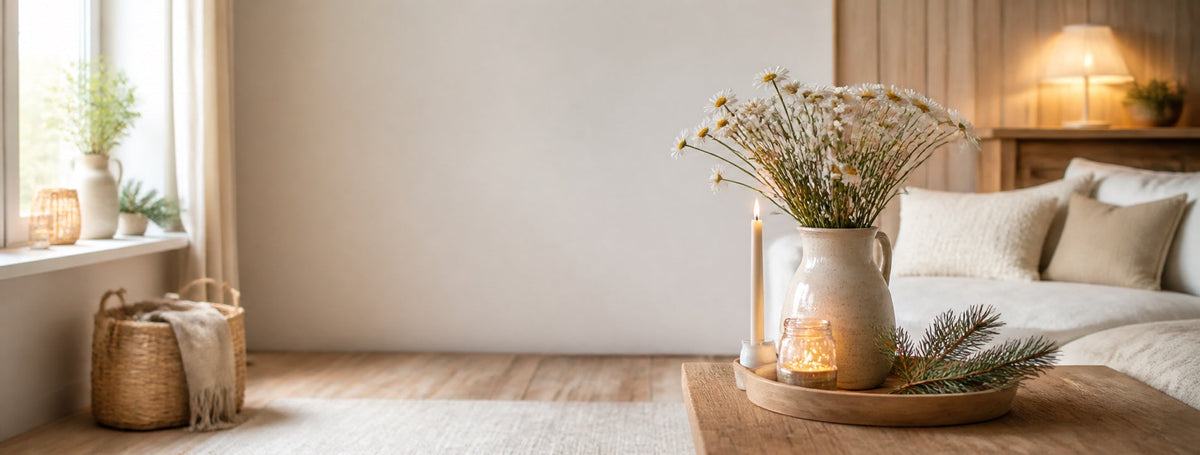 Warme Wohnszene mit Blumen, Kerzenlicht, Naturzweigen und Textilien