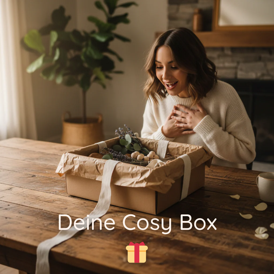 Abonnement "Cosy Box" von Wohnen auf dem Land, zeigt eine gemütliche Verpackung mit Wohnaccessoires für jeden Monat.