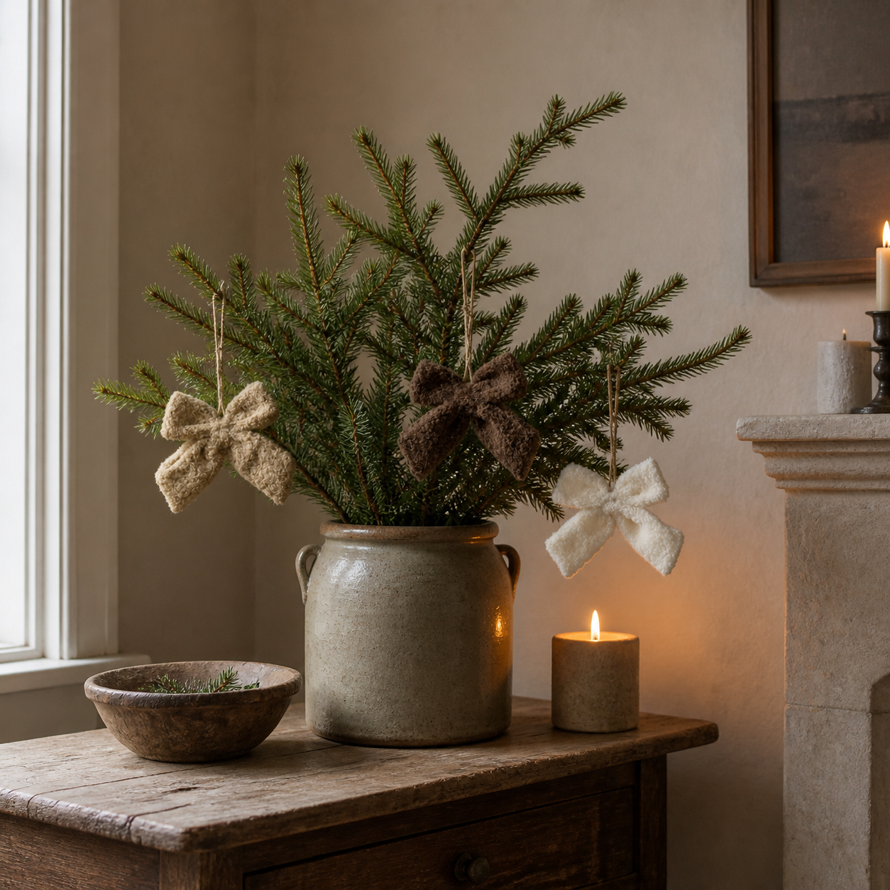 Drei Deko-Schleifen im warmen Herbst- und Winterambiente