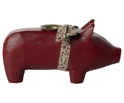 Maileg Kerzenhalter "Schwein" mit Schleife Holz Medium Rot