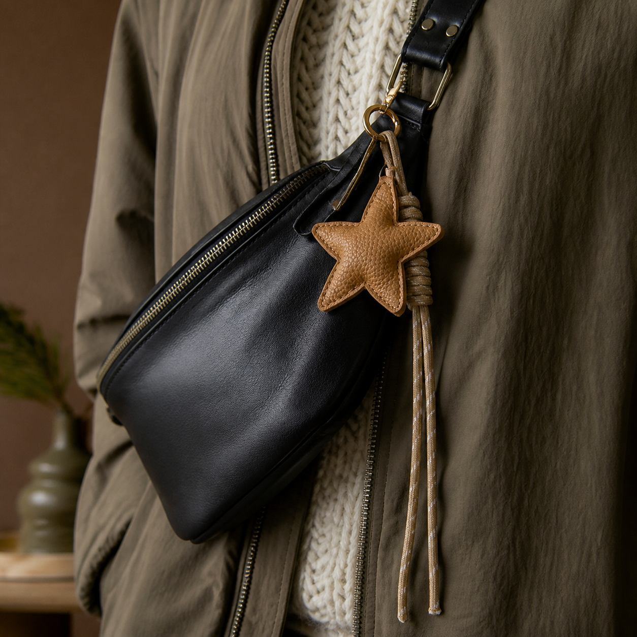 Taschenanhänger Stella an einer natürlichen Stofftasche