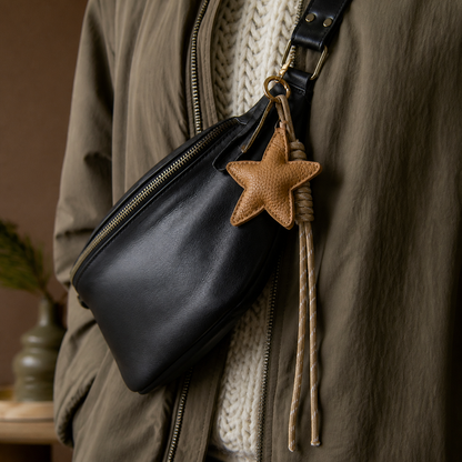Taschenanhänger Stella an einer natürlichen Stofftasche