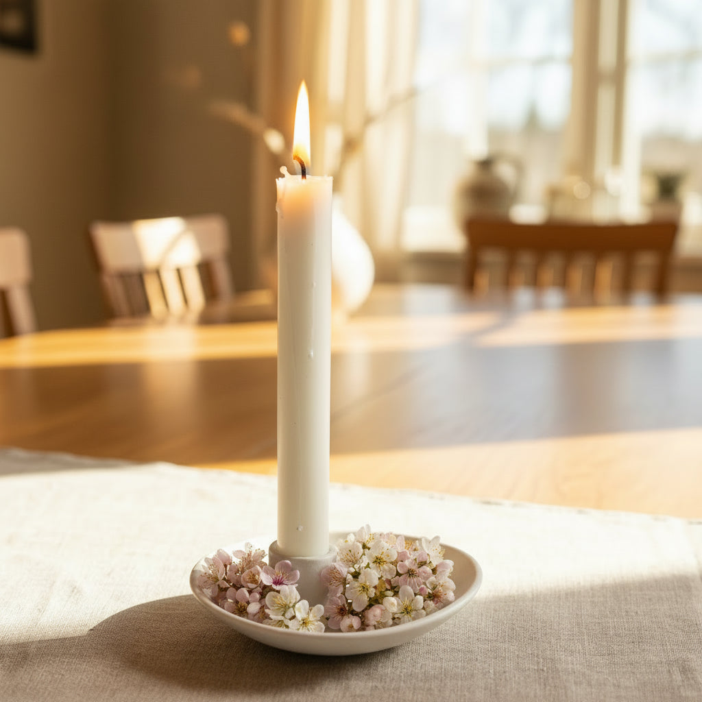 Small matte white ceramic candle holder "Ekby" by Storefactory, featuring a sleek design and measuring 13cm in diameter.